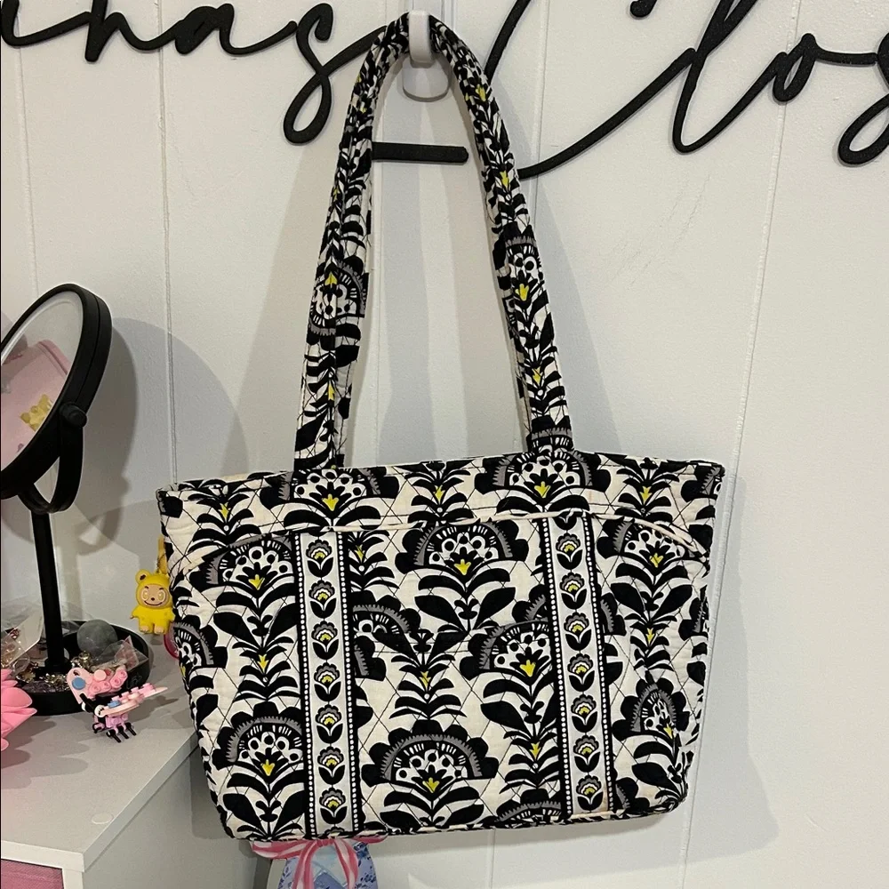 Vera Bradley Black & White Floral Quilted Tote with Yellow Highlights - Picture 6 of 8